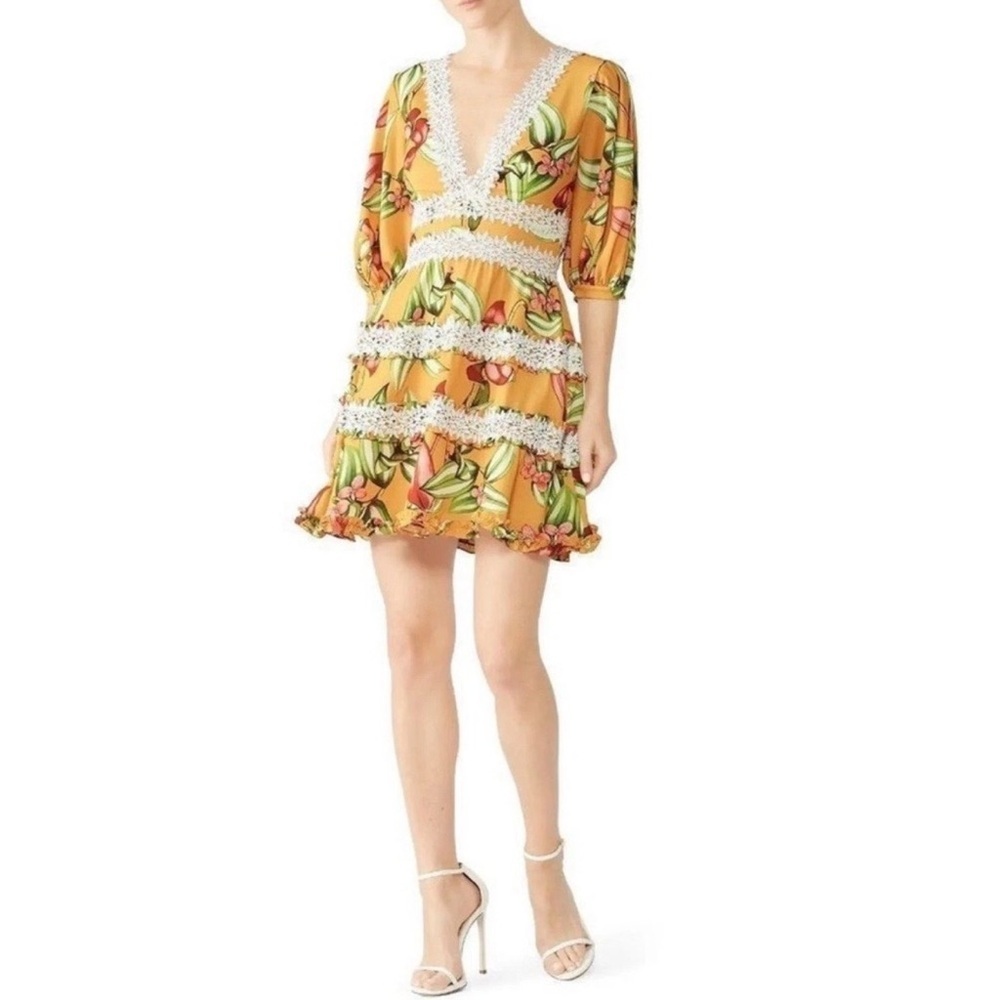 PatBO Women Zebrina Floral Print Tiered Mini Dress Sz 8 Yellow 3/4 Sleeve V Neck